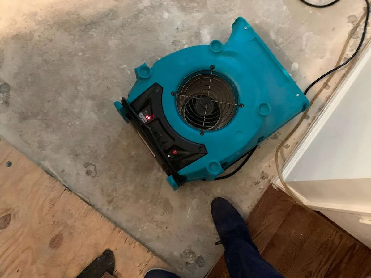 Air mover drying subfloor during Leak Detection & Repair in Estherville
